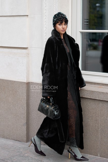 длинная черная норковая шуба