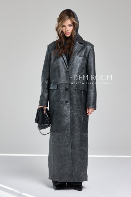 стильный кожаный плащ на пуговицах