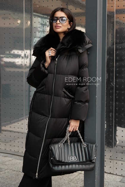 чёрный пуховик - пальто с мехом
