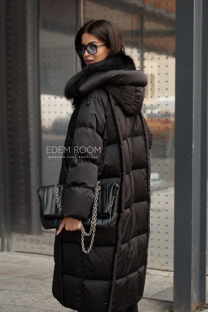 чёрный пуховик - пальто с мехом