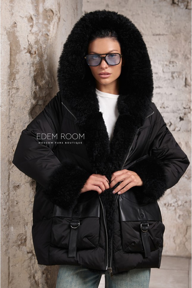 Итальянский пуховик - дублёнка с мехом тиградо