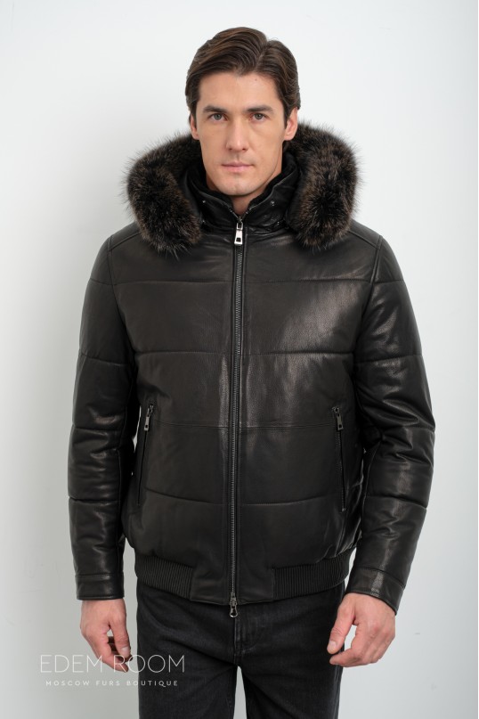 Мужская зимняя кожаная куртка - бомбер