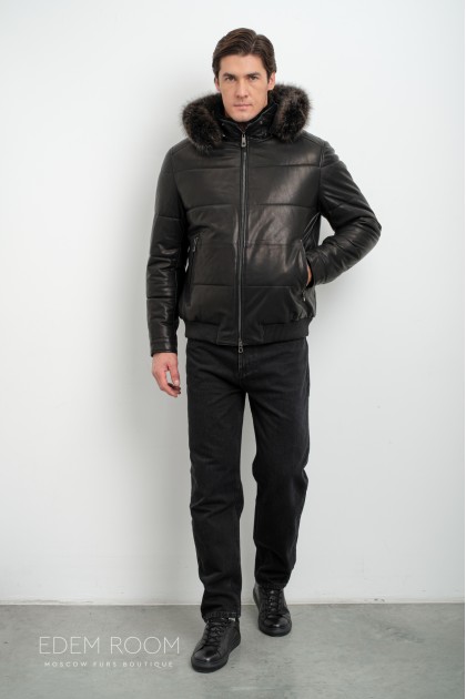 Мужская зимняя кожаная куртка - бомбер