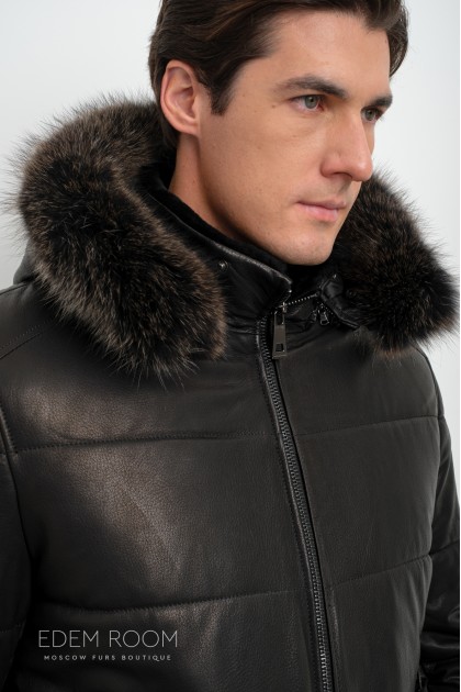 Мужская зимняя кожаная куртка - бомбер