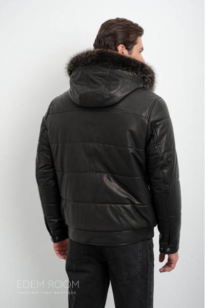 Мужская зимняя кожаная куртка - бомбер