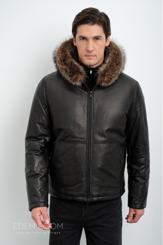 кожаный пуховик с капюшоном