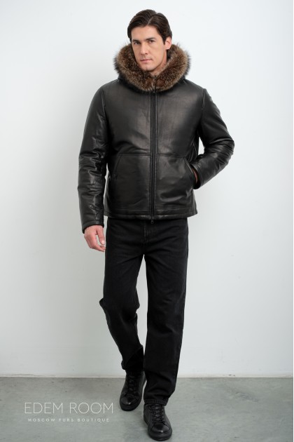 кожаный пуховик с капюшоном