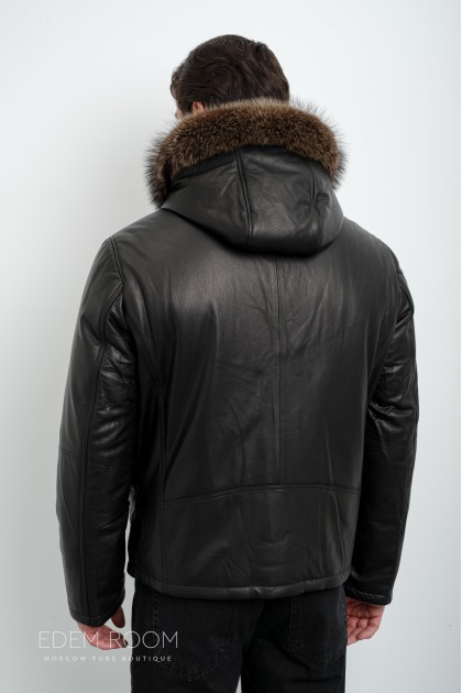 кожаный пуховик с капюшоном
