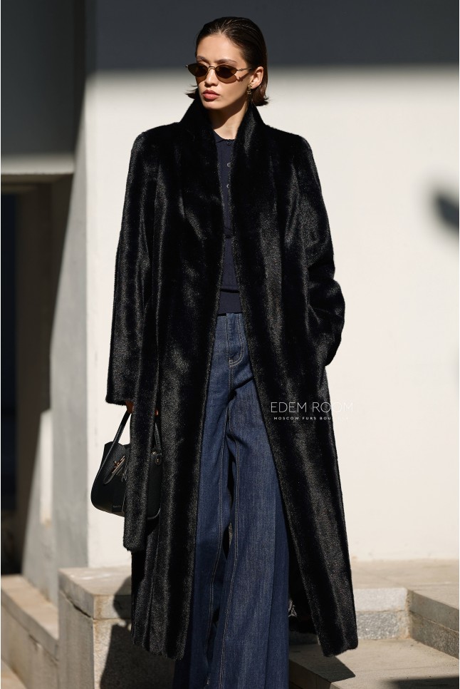 чёрная шуба из эко-меха под пояс