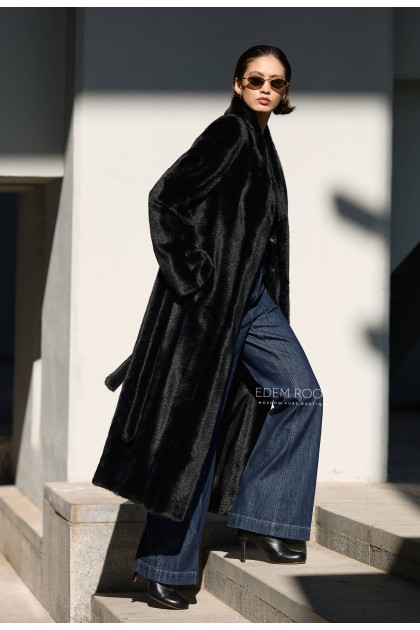 чёрная шуба из эко-меха под пояс