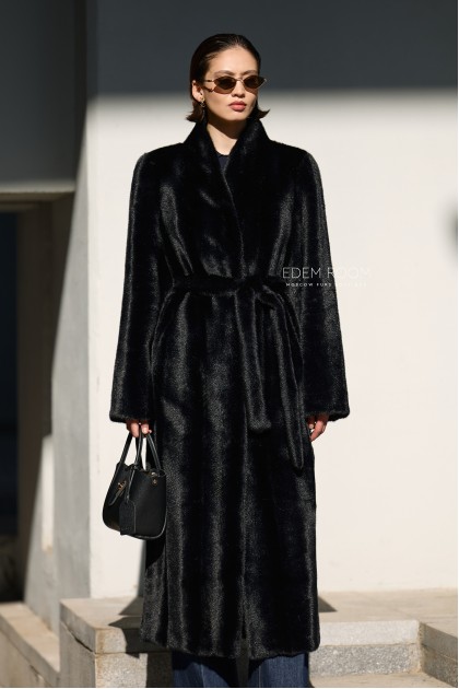 чёрная шуба из эко-меха под пояс