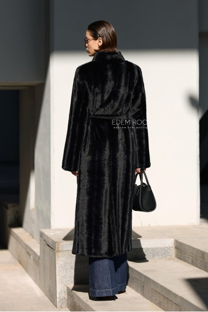 чёрная шуба из эко-меха под пояс