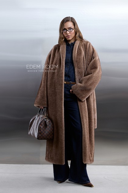 длинная шуба под пояс из эко-меха