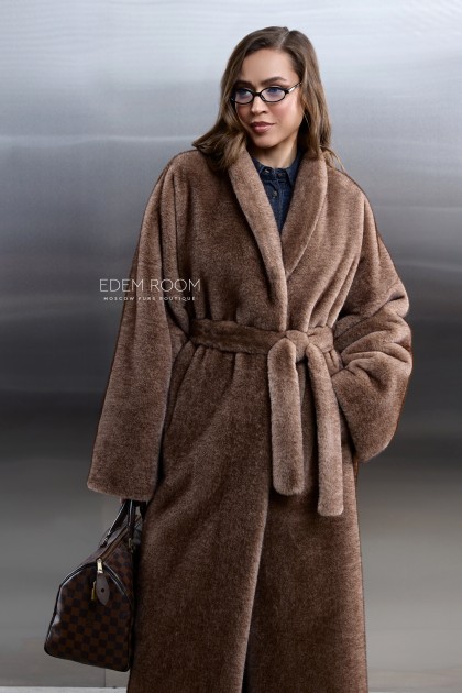 длинная шуба под пояс из эко-меха