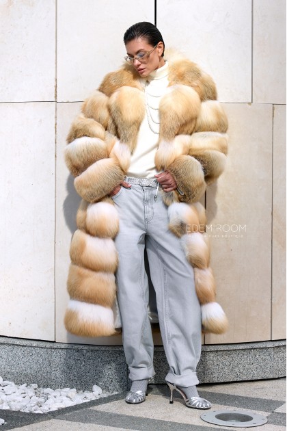 длинная шуба из рыжей лисы