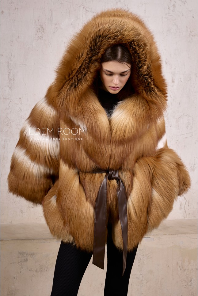 шуба - пончо из лисы с капюшоном