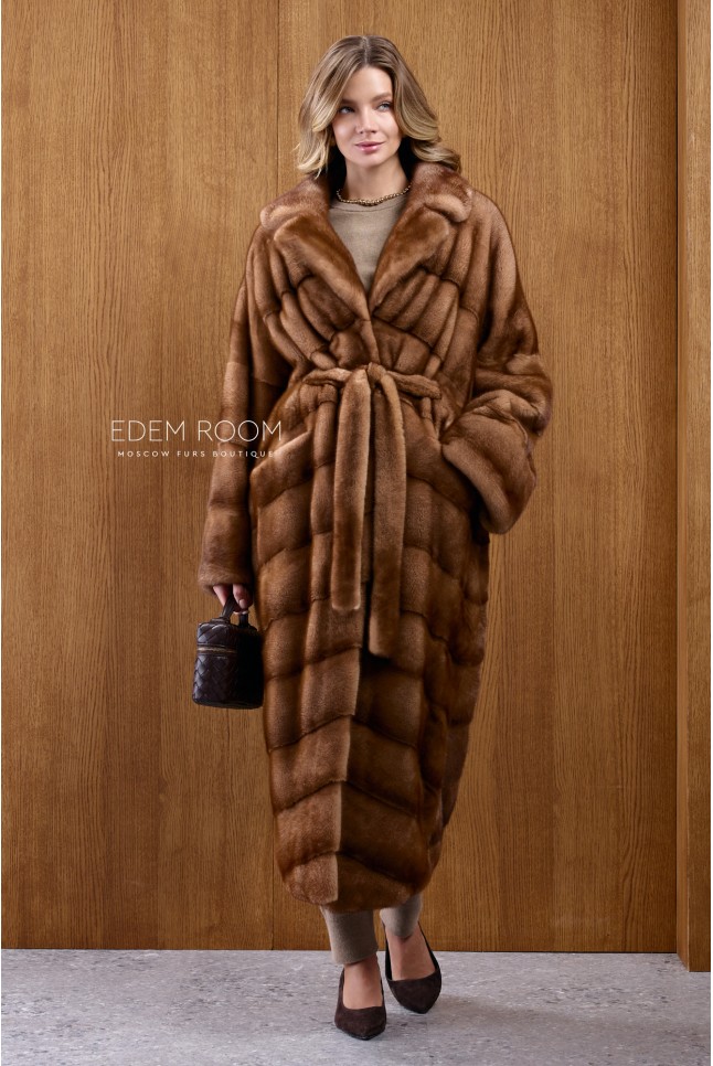 длинная шуба из норки под пояс