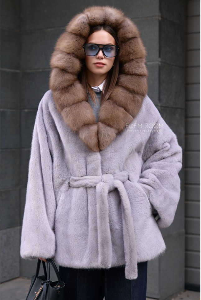 норковое пончо под пояс с куницей