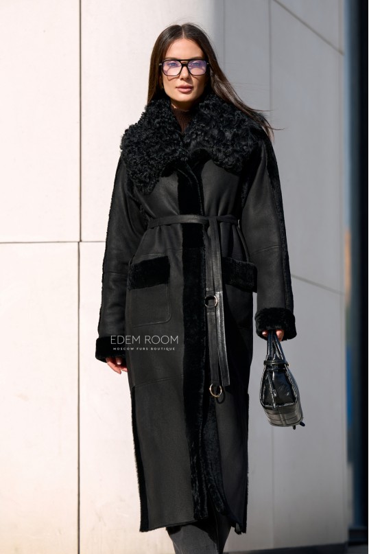 чёрная дублёнка с меховым воротником