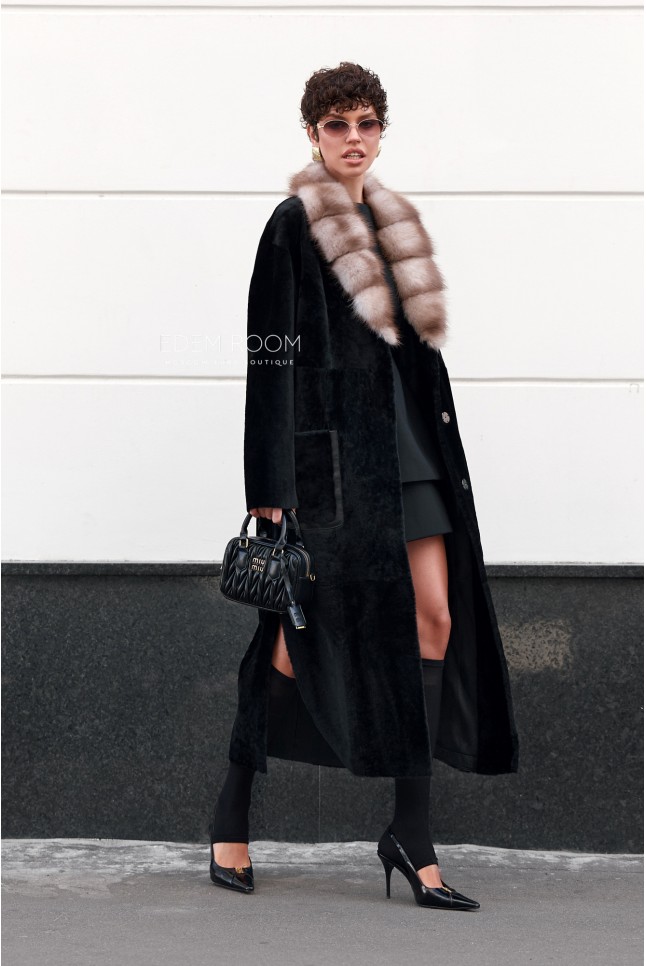 черная шуба - дублёнка с мехом куницы