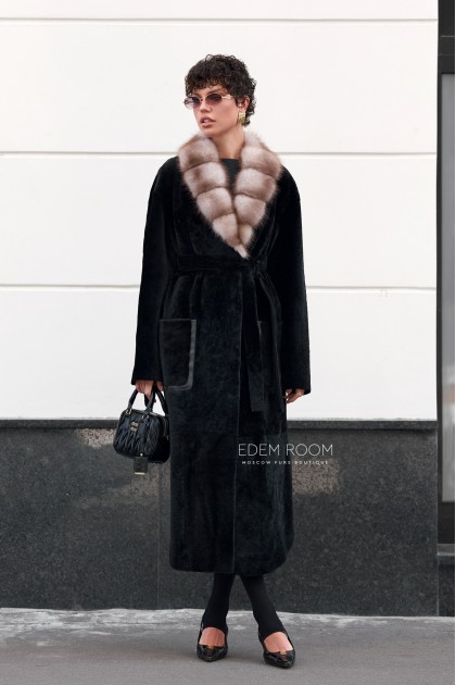 черная шуба - дублёнка с мехом куницы