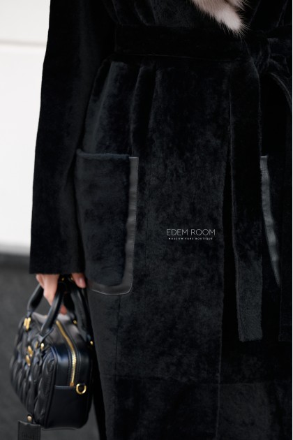 черная шуба - дублёнка с мехом куницы