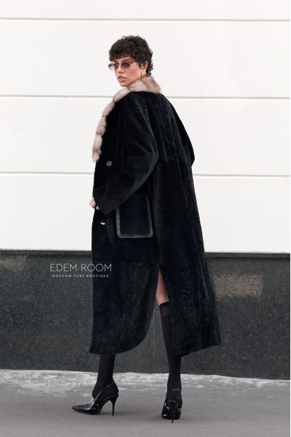 черная шуба - дублёнка с мехом куницы