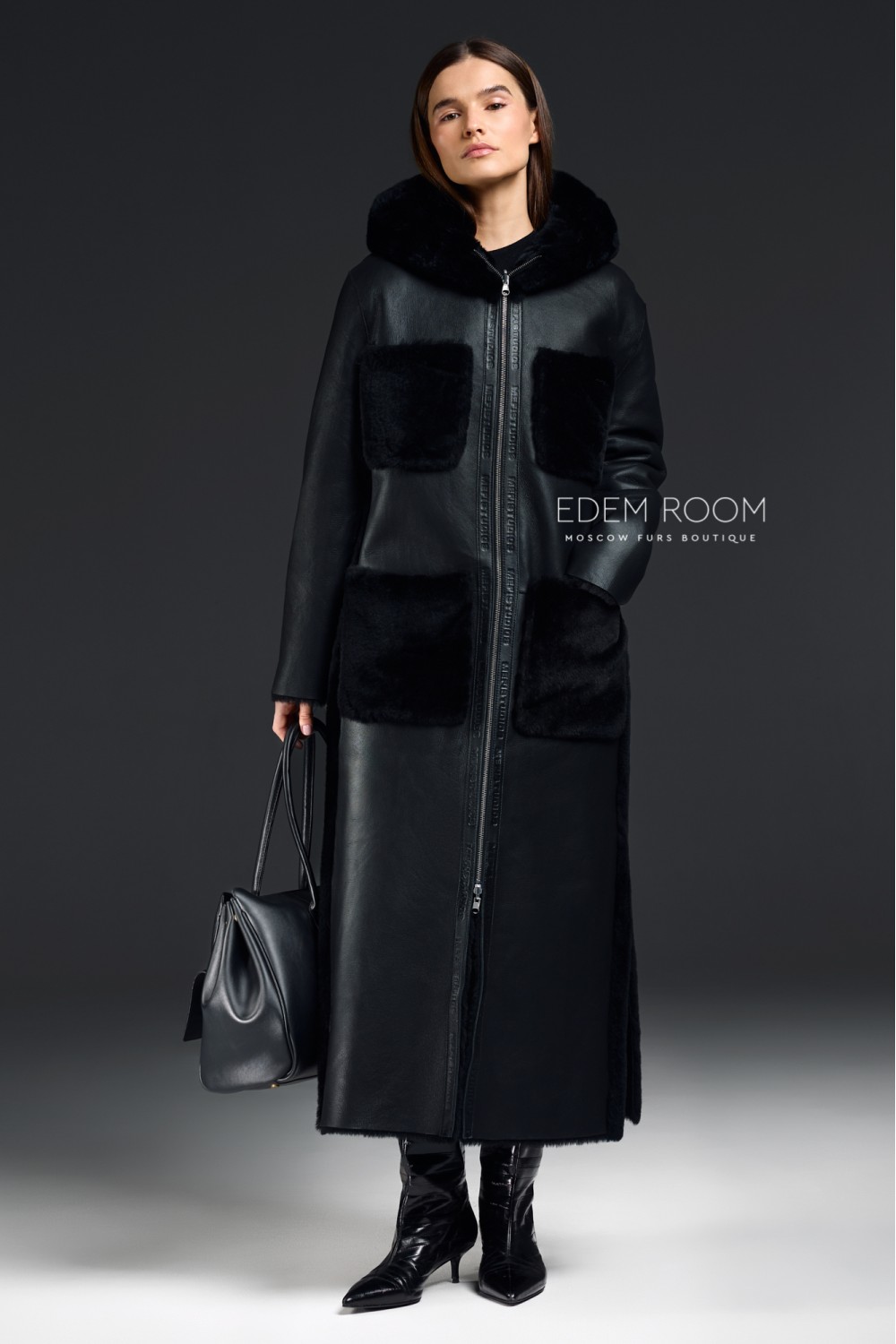 чёрная женская дублёнка из силки