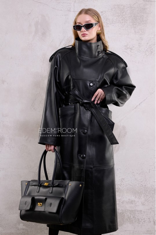 длинный кожаный тренч