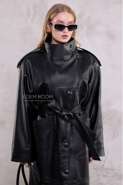 длинный кожаный тренч