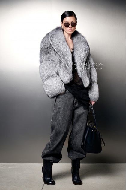 укороченная шуба из серебристой лисы