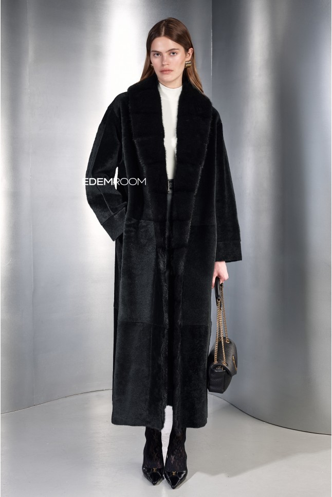чёрное пальто - дублёнка с мехом норки
