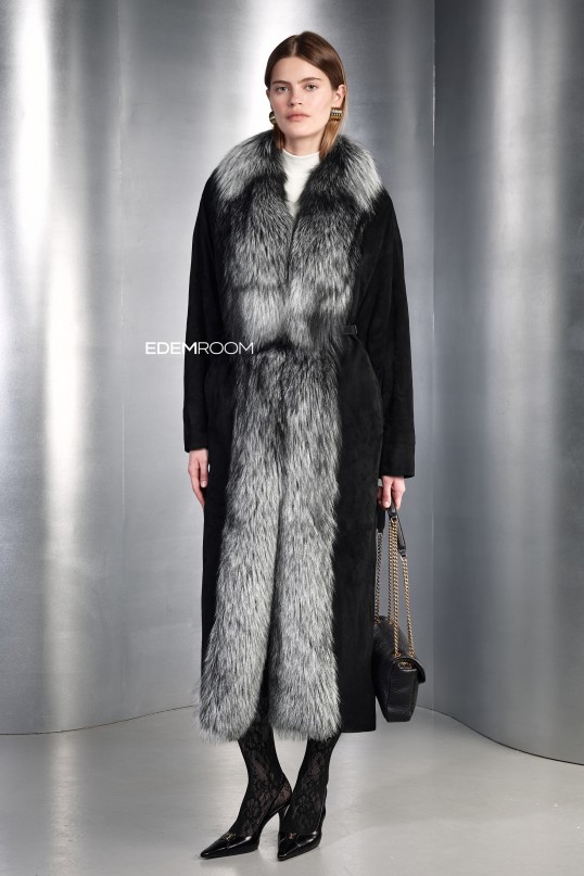 замшевое пальто с мехом чернобурки