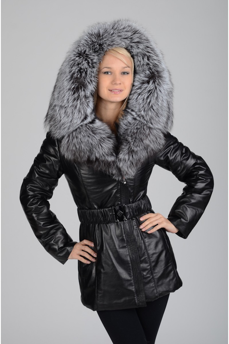 Зимняя кожаная куртка с мехом чернобурки