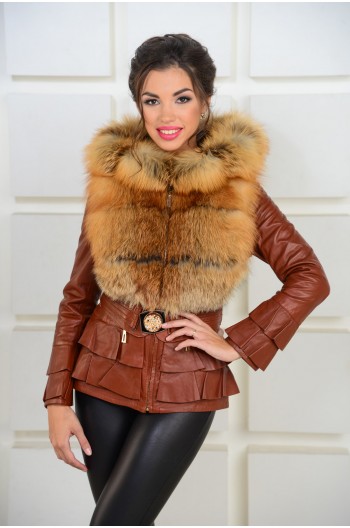 женская кожаная куртка с мехом лисы